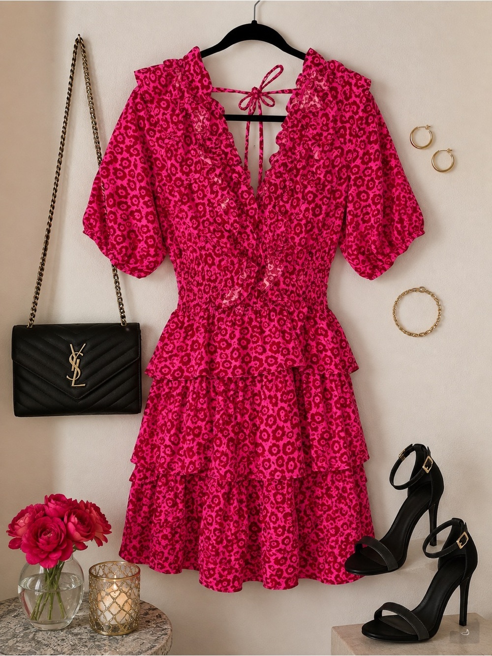 💖 Karlie Vibrant Pink Leopard Floral Smocked Ruffle Dress | Size Small 💖